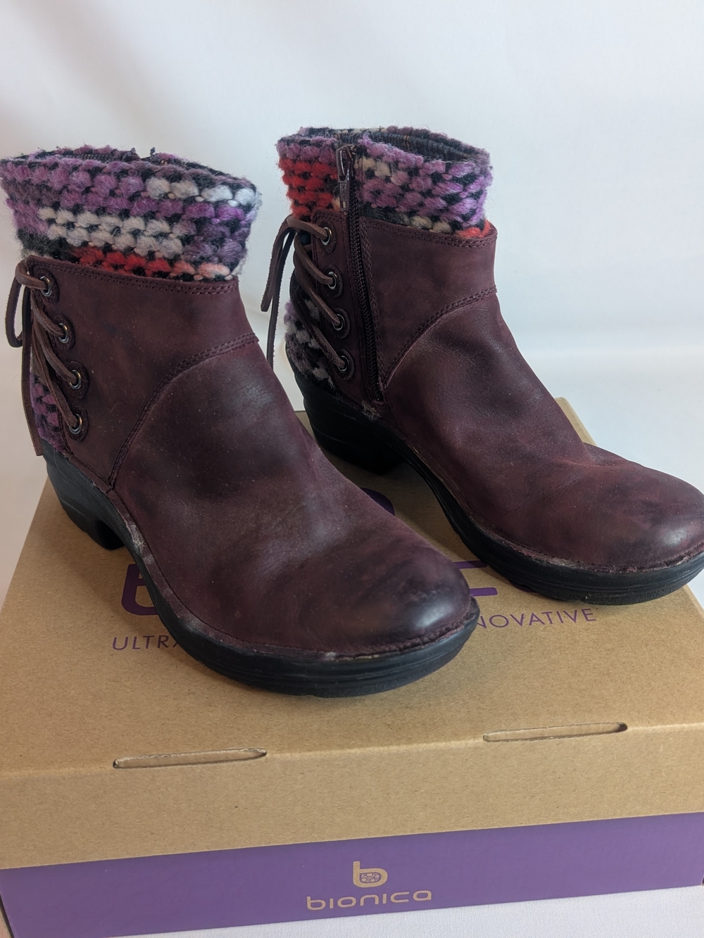 Bionica Plum Leather Ankle Boots with Purple-Multi Knit Cuff Women's Size 8